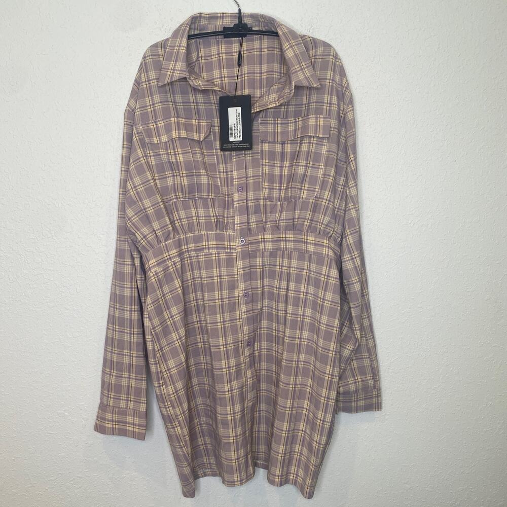 Pretty Little Thing Plaid Long Sleeve Button Down Lilac Shirt Dress NWT Sz 16